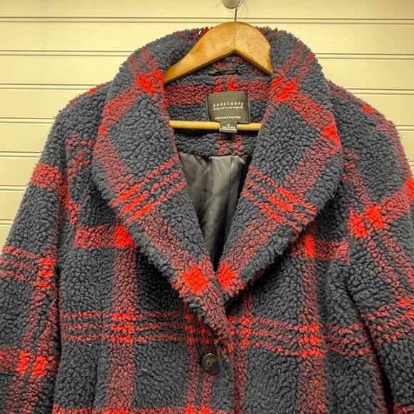 Sanctuary Red & Blue Plaid Teddy Single Button Fully Lined Cropped Jacket Size S - Picture 3 of 12